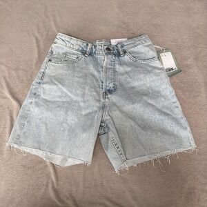 H&M 90s Cutoff Shorts Womens 6 Blue High Waist Slim Fit Raw Hem Denim‎ Stretch